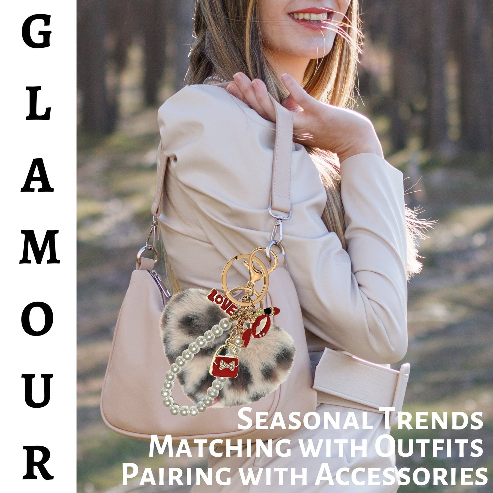 iAccessories Fluffy Faux Fur Pearl Fashion Pom Pom Heart Keychain Charm for Girls Bags, Wallets and Luggage (Cream Lepo)-2