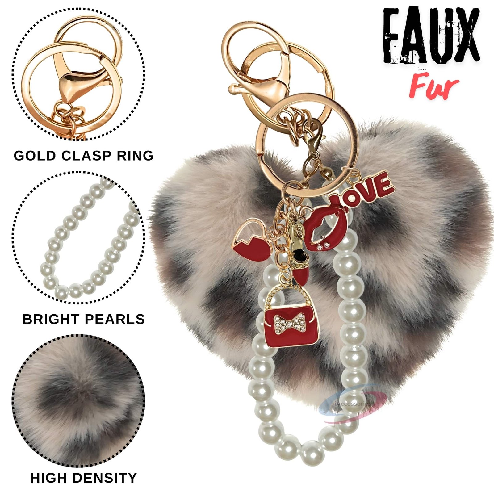 iAccessories Fluffy Faux Fur Pearl Fashion Pom Pom Heart Keychain Charm for Girls Bags, Wallets and Luggage (Cream Lepo)-3