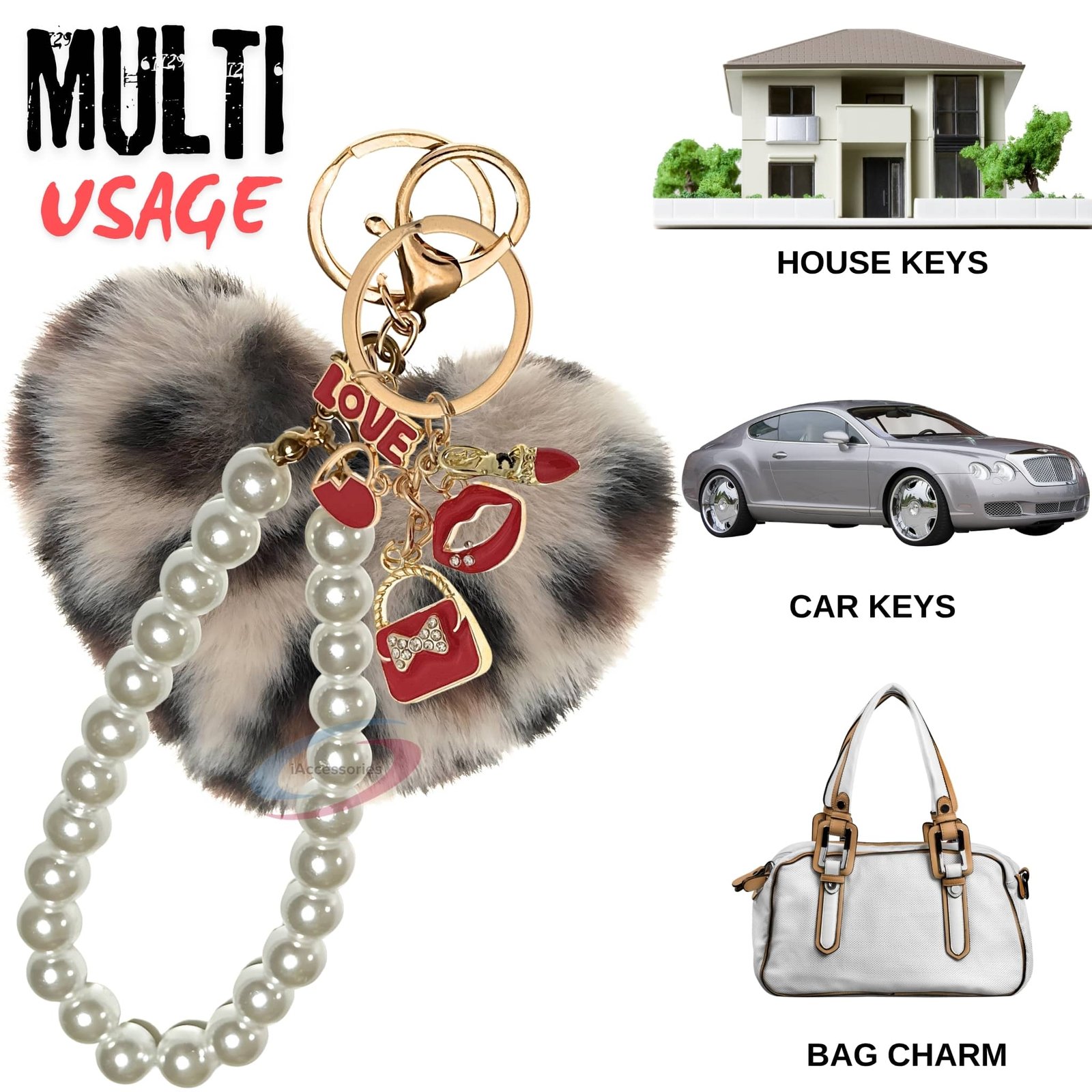 iAccessories Fluffy Faux Fur Pearl Fashion Pom Pom Heart Keychain Charm for Girls Bags, Wallets and Luggage (Cream Lepo)-5