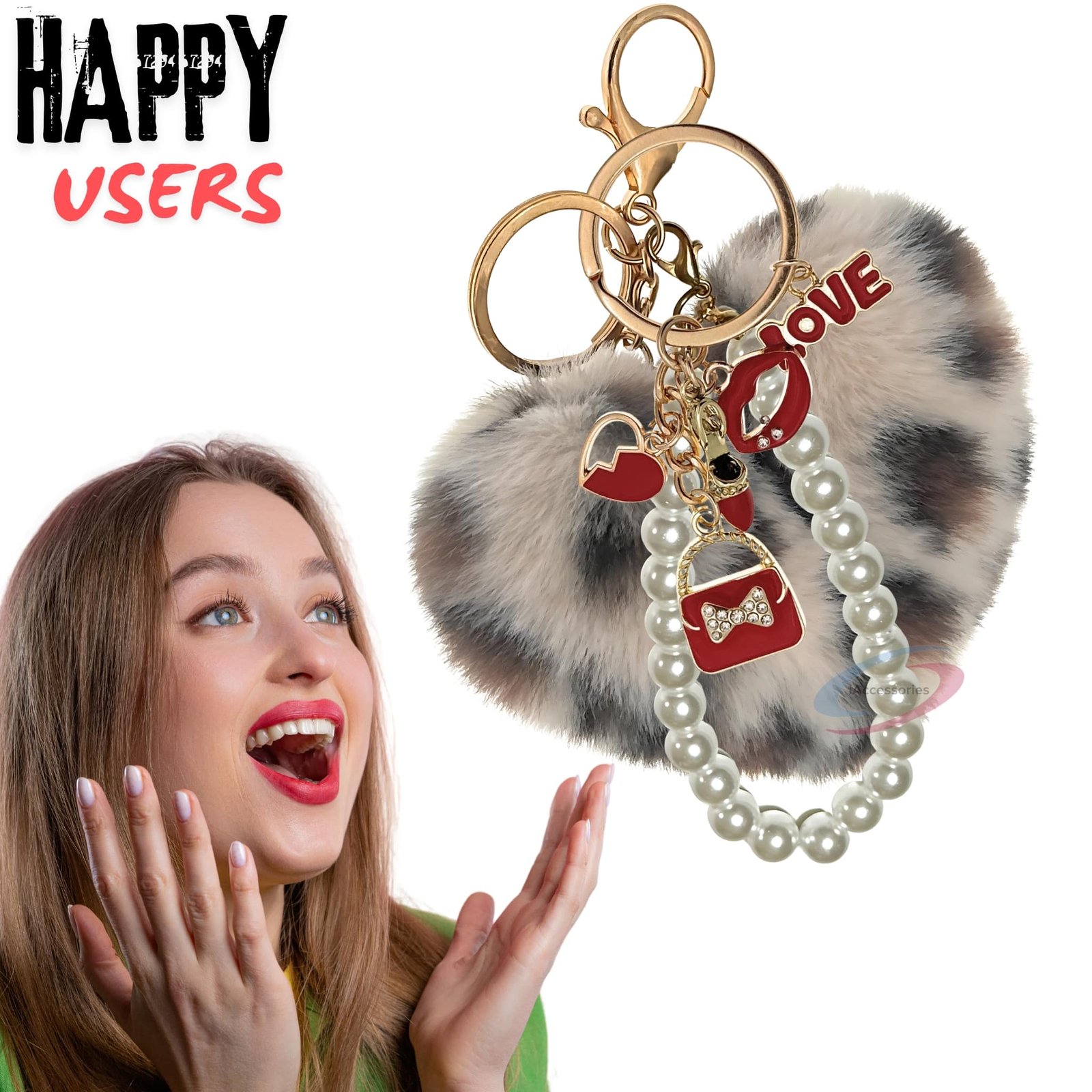 iAccessories Fluffy Faux Fur Pearl Fashion Pom Pom Heart Keychain Charm for Girls Bags, Wallets and Luggage (Cream Lepo)-7