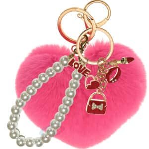 Hot Pink Fluffy Heart Pom Pom Keychain – iAccessories Faux Fur Pearl Bag Charm for Girls