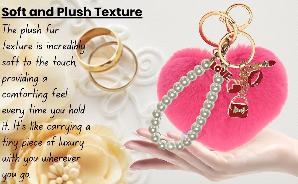 Main view of the Hot Pink Faux Fur Heart Keychain with Pearl