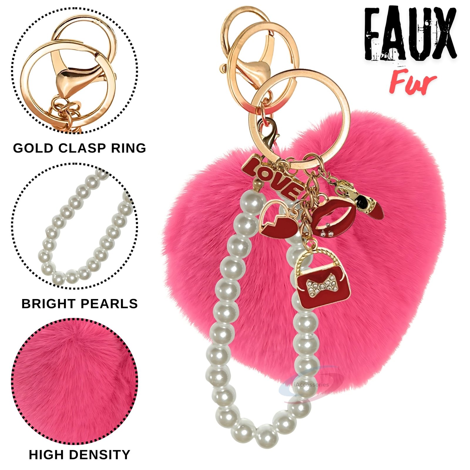 iAccessories Fluffy Faux Fur Pearl Fashion Pom Pom Heart Keychain Charm for Girls Bags, Wallets and Luggage (Hot Pink)-3