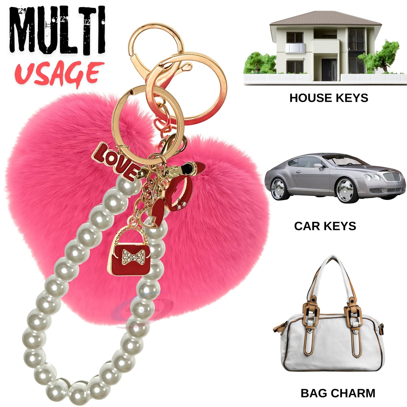iAccessories Fluffy Faux Fur Pearl Fashion Pom Pom Heart Keychain Charm for Girls Bags, Wallets and Luggage (Hot Pink)-5
