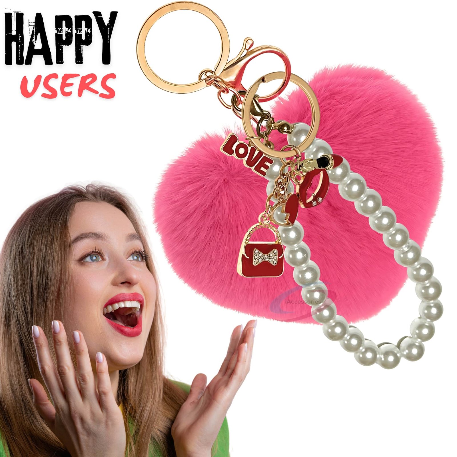 iAccessories Fluffy Faux Fur Pearl Fashion Pom Pom Heart Keychain Charm for Girls Bags, Wallets and Luggage (Hot Pink)-7