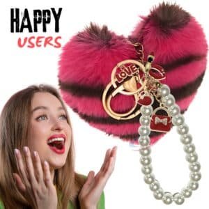 Hot Pink Heart Pom Pom Key Ring – iAccessories Pearl Fluffy Bag Charm for Girls