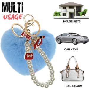 Light Blue Fluffy Faux Fur Heart Pom Pom Keychain with Pearl – iAccessories Cute Bag Charm for Girls