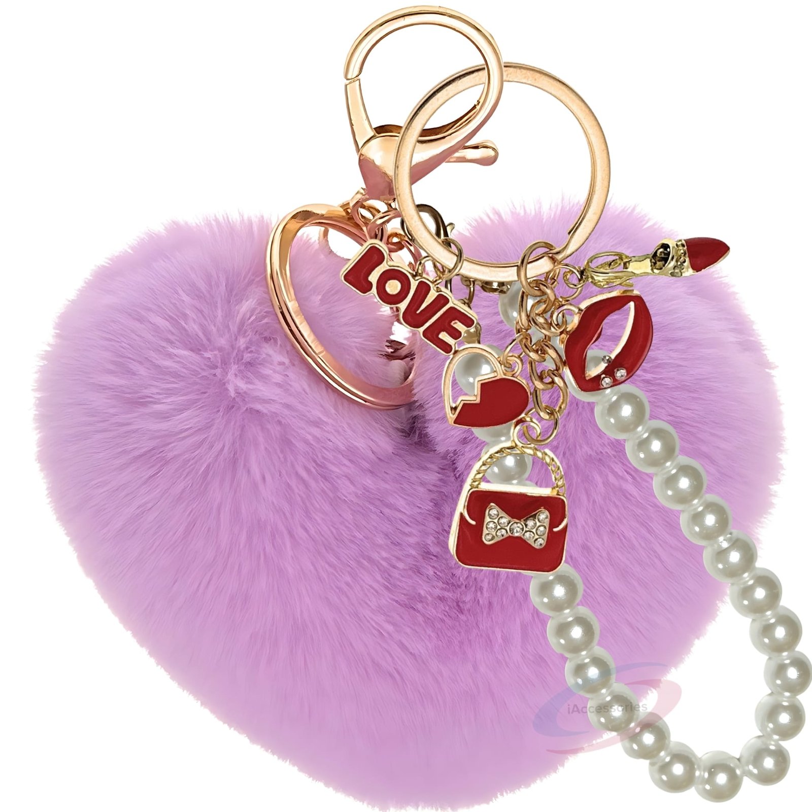 iAccessories Fluffy Faux Fur Pearl Fashion Pom Pom Heart Keychain Charm for Girls Bags, Wallets and Luggage (Light Purple)-1