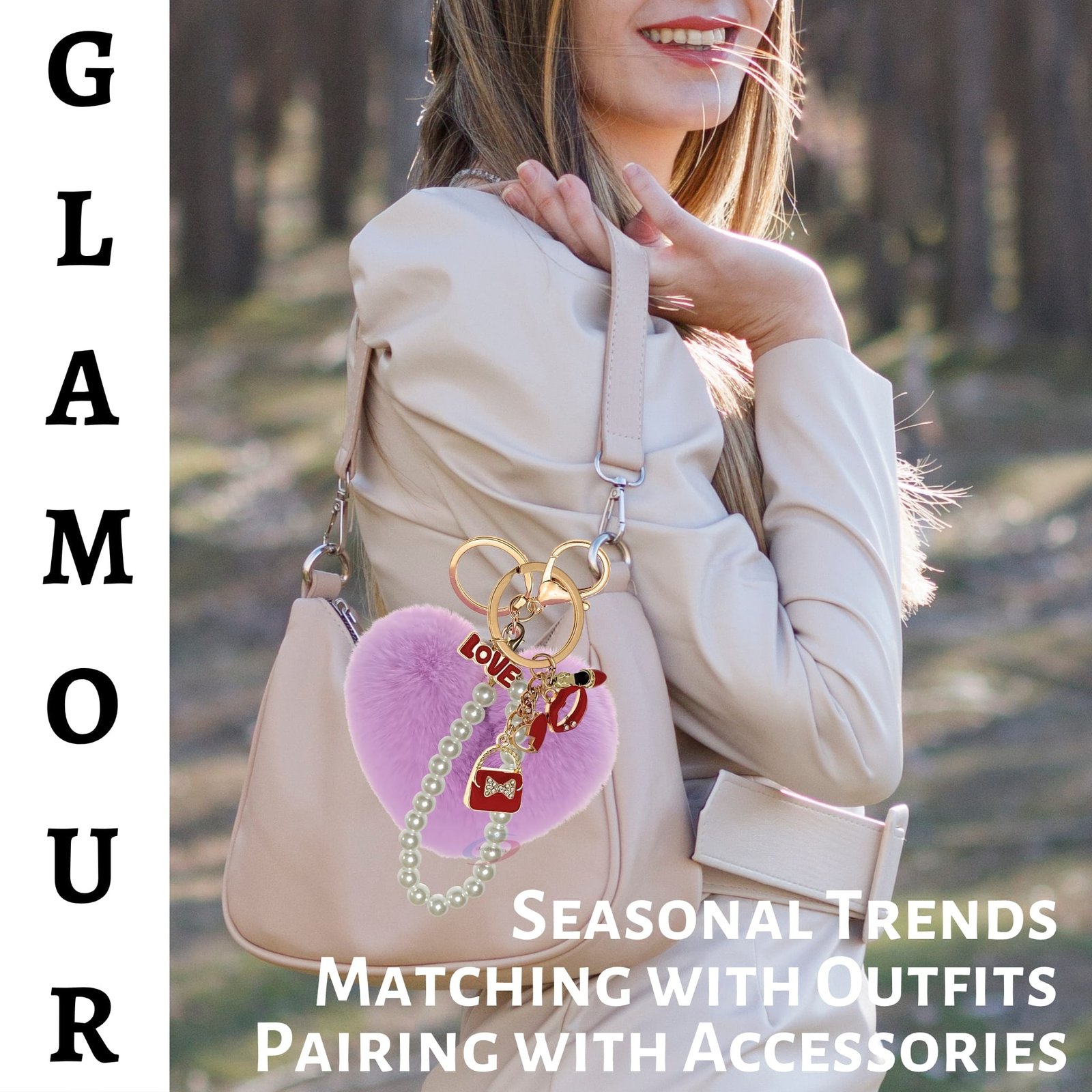 iAccessories Fluffy Faux Fur Pearl Fashion Pom Pom Heart Keychain Charm for Girls Bags, Wallets and Luggage (Light Purple)-2