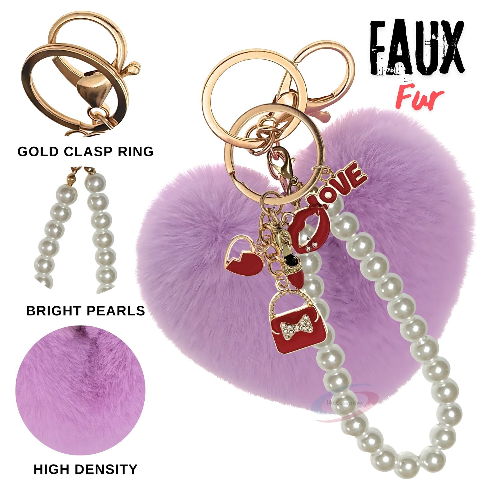 iAccessories Fluffy Faux Fur Pearl Fashion Pom Pom Heart Keychain Charm for Girls Bags, Wallets and Luggage (Light Purple)-3