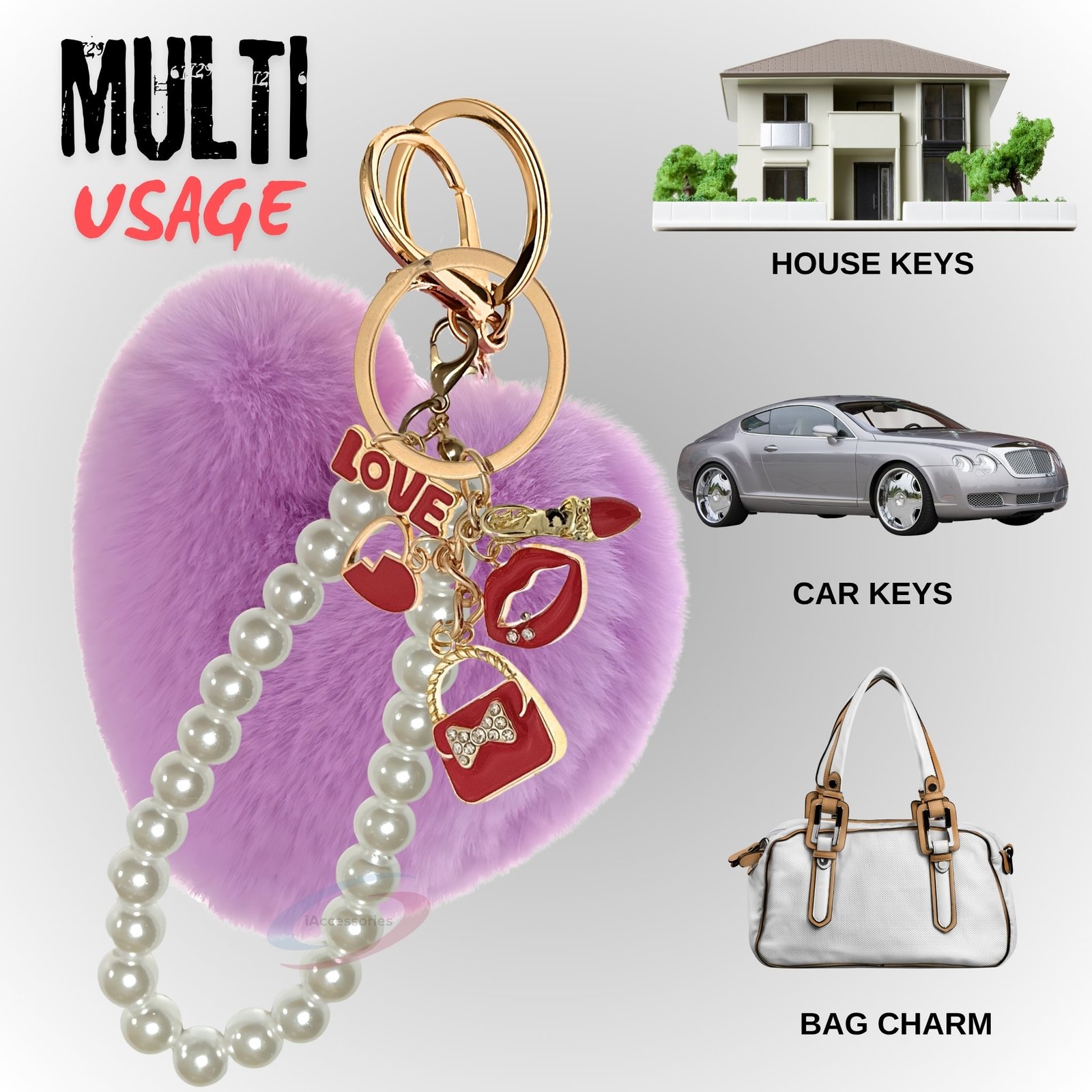 iAccessories Fluffy Faux Fur Pearl Fashion Pom Pom Heart Keychain Charm for Girls Bags, Wallets and Luggage (Light Purple)-5
