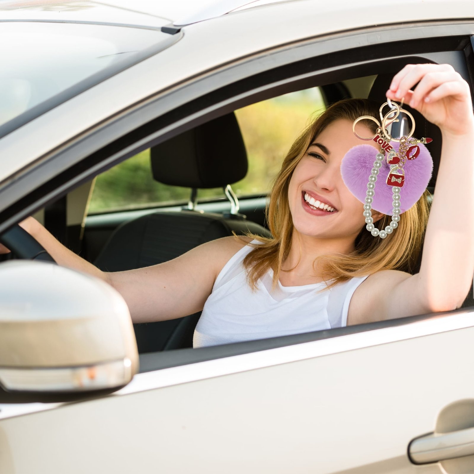 iAccessories Fluffy Faux Fur Pearl Fashion Pom Pom Heart Keychain Charm for Girls Bags, Wallets and Luggage (Light Purple)-6