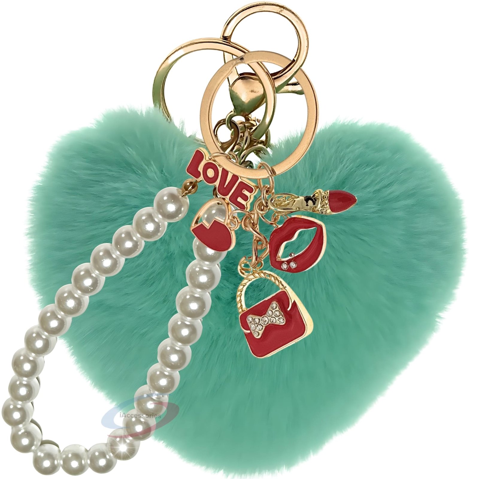 iAccessories Fluffy Faux Fur Pearl Fashion Pom Pom Heart Keychain Charm for Girls Bags, Wallets and Luggage (Mint Green)-1