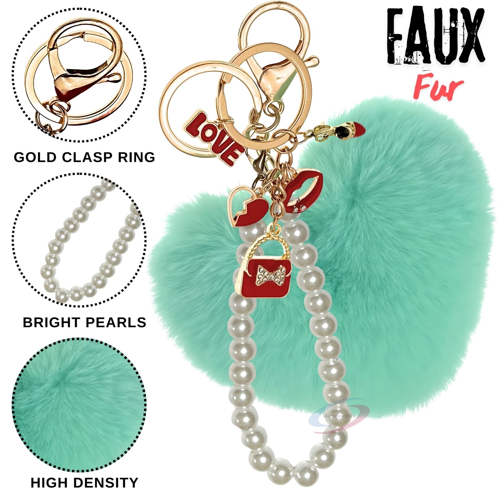 iAccessories Fluffy Faux Fur Pearl Fashion Pom Pom Heart Keychain Charm for Girls Bags, Wallets and Luggage (Mint Green)-3