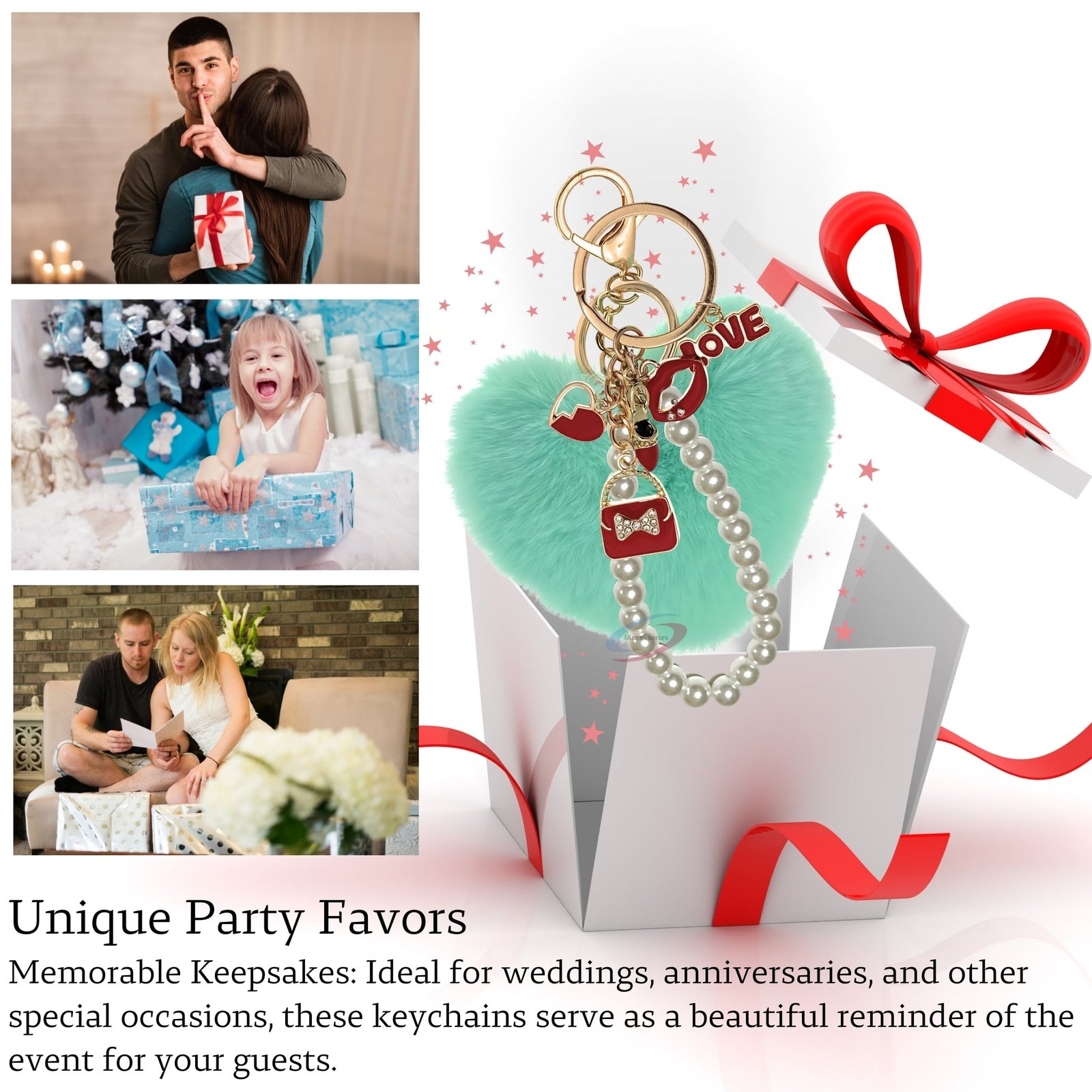 iAccessories Fluffy Faux Fur Pearl Fashion Pom Pom Heart Keychain Charm for Girls Bags, Wallets and Luggage (Mint Green)-4