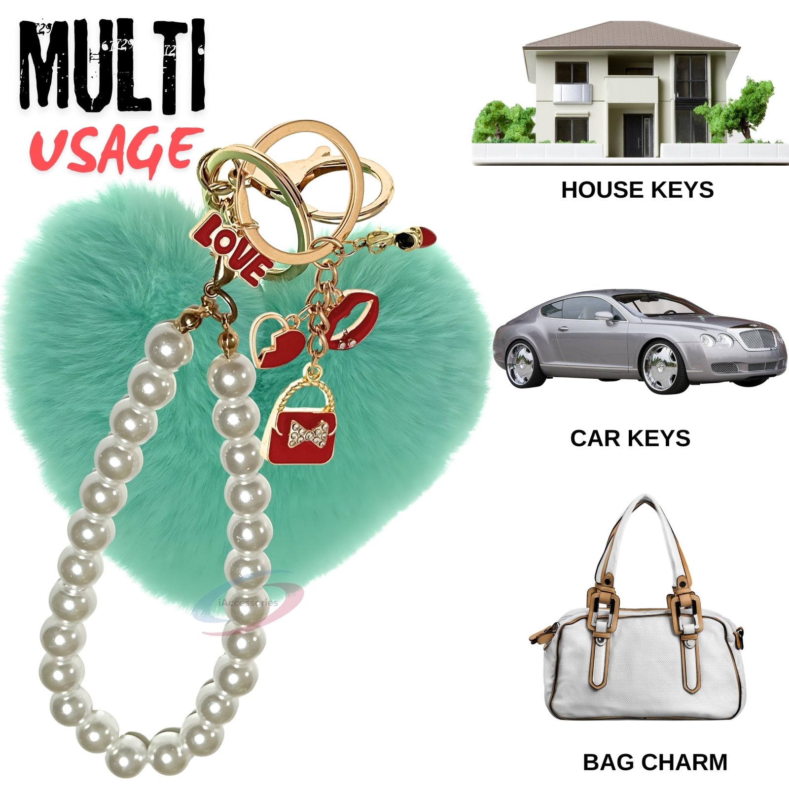 iAccessories Fluffy Faux Fur Pearl Fashion Pom Pom Heart Keychain Charm for Girls Bags, Wallets and Luggage (Mint Green)-5