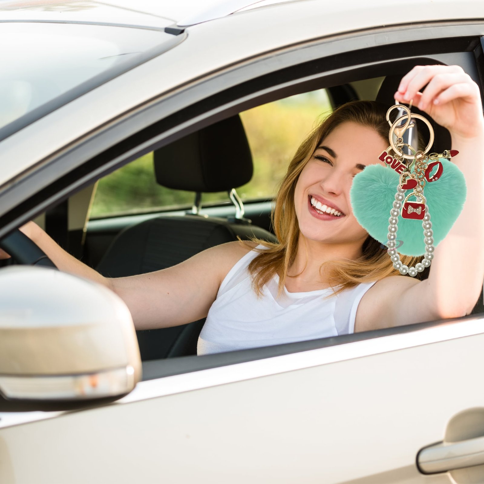 iAccessories Fluffy Faux Fur Pearl Fashion Pom Pom Heart Keychain Charm for Girls Bags, Wallets and Luggage (Mint Green)-6