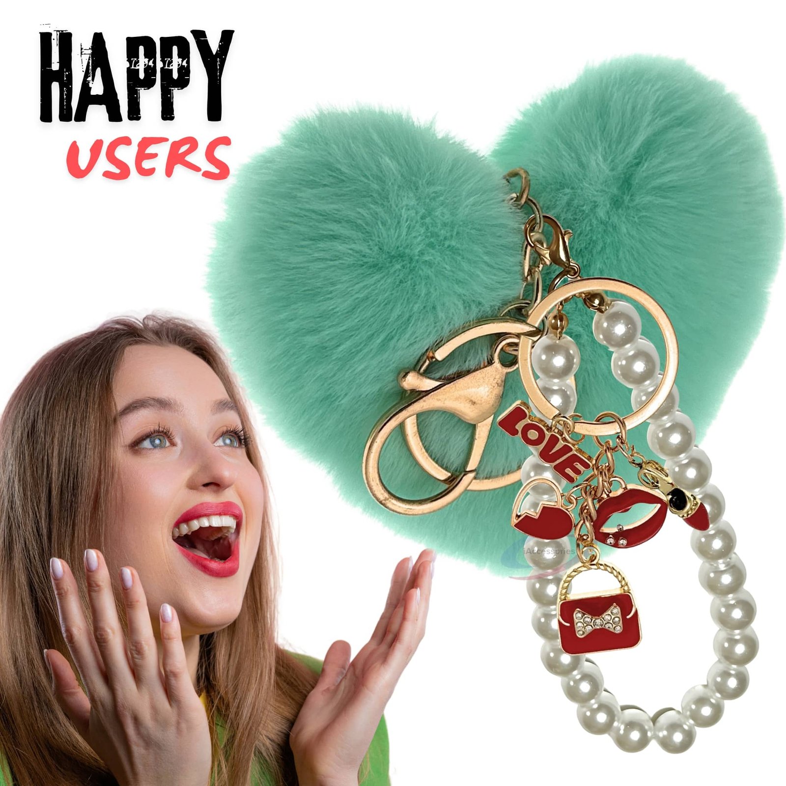 iAccessories Fluffy Faux Fur Pearl Fashion Pom Pom Heart Keychain Charm for Girls Bags, Wallets and Luggage (Mint Green)-7