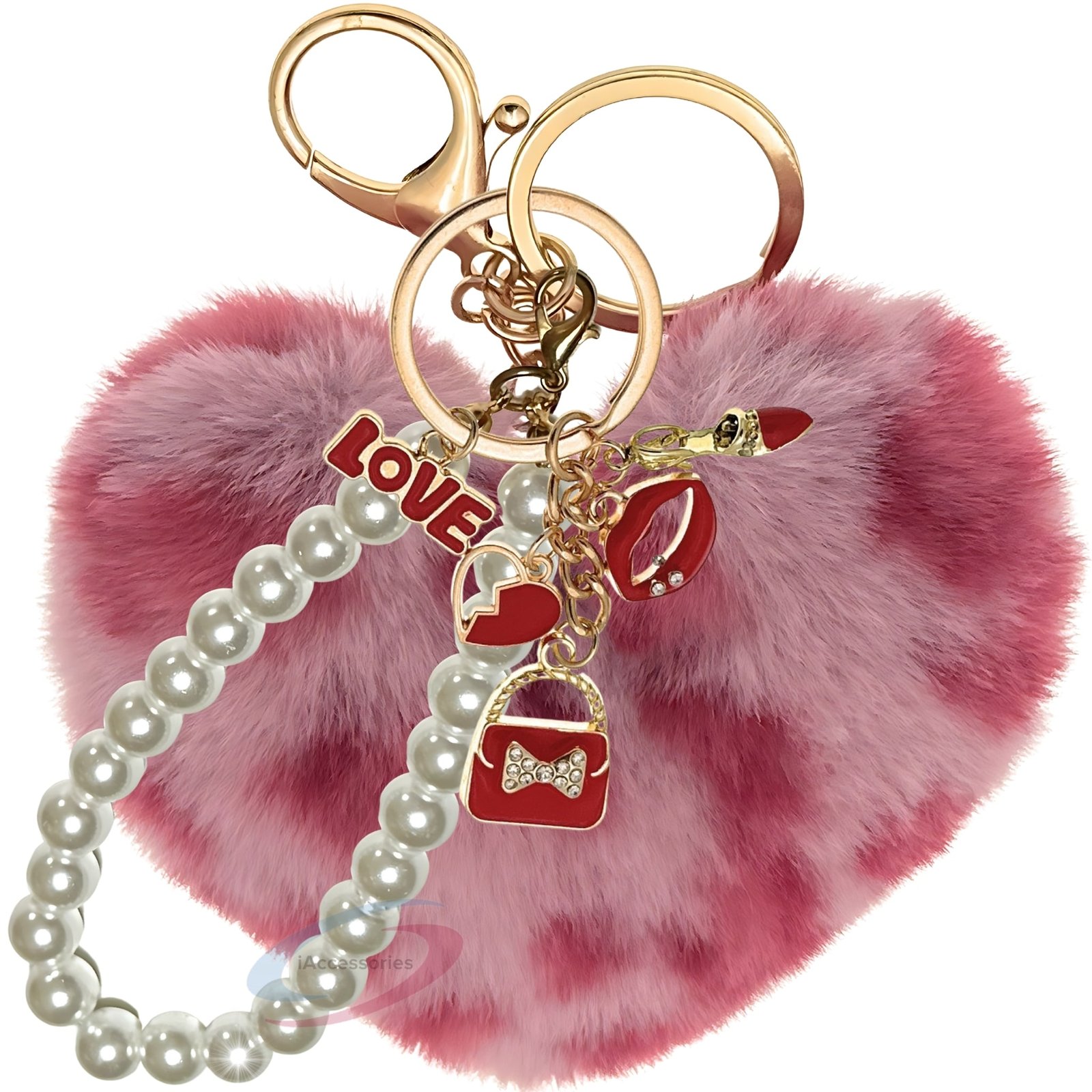 iAccessories Fluffy Faux Fur Pearl Fashion Pom Pom Heart Keychain Charm for Girls Bags, Wallets and Luggage (Rose Lepo)-1