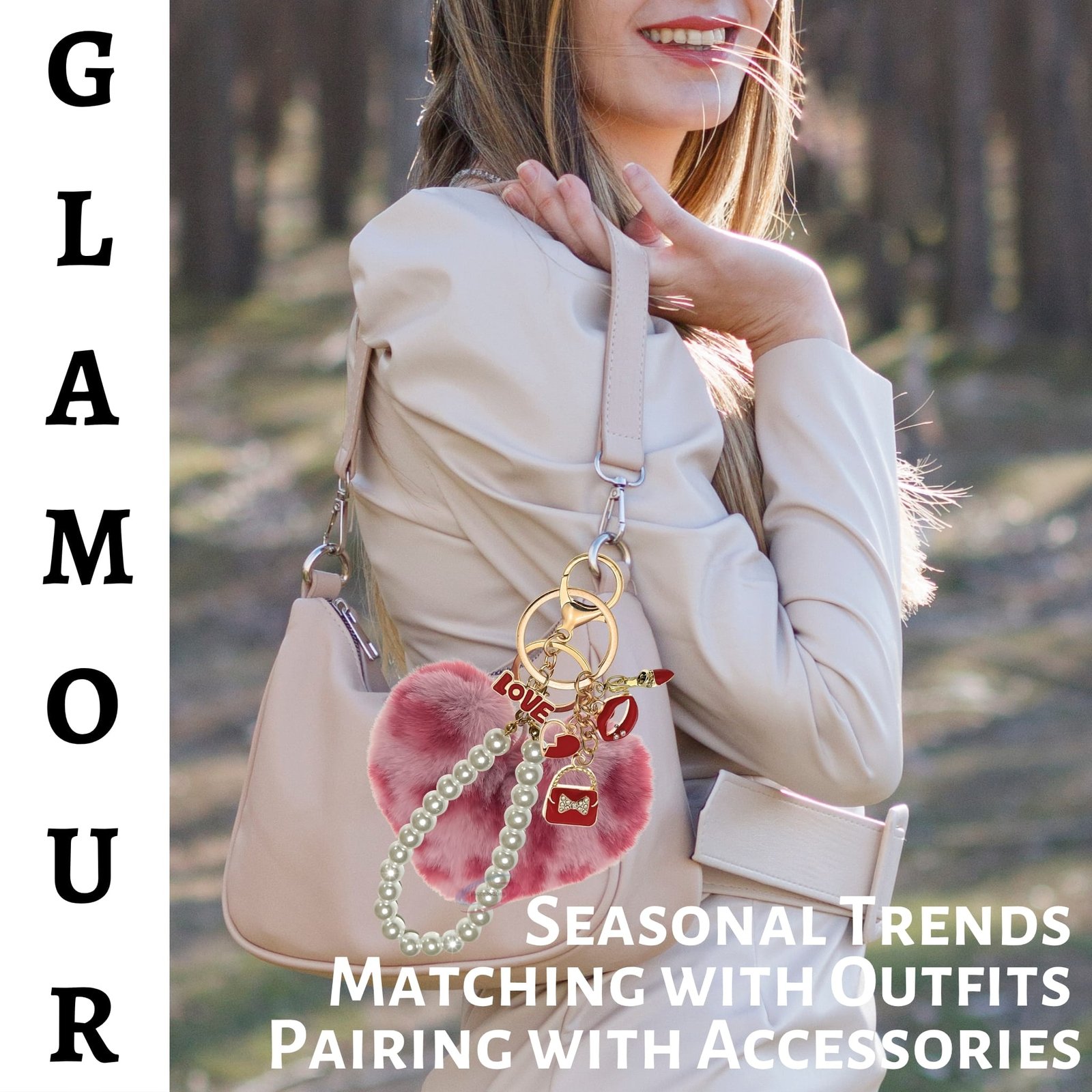 iAccessories Fluffy Faux Fur Pearl Fashion Pom Pom Heart Keychain Charm for Girls Bags, Wallets and Luggage (Rose Lepo)-2