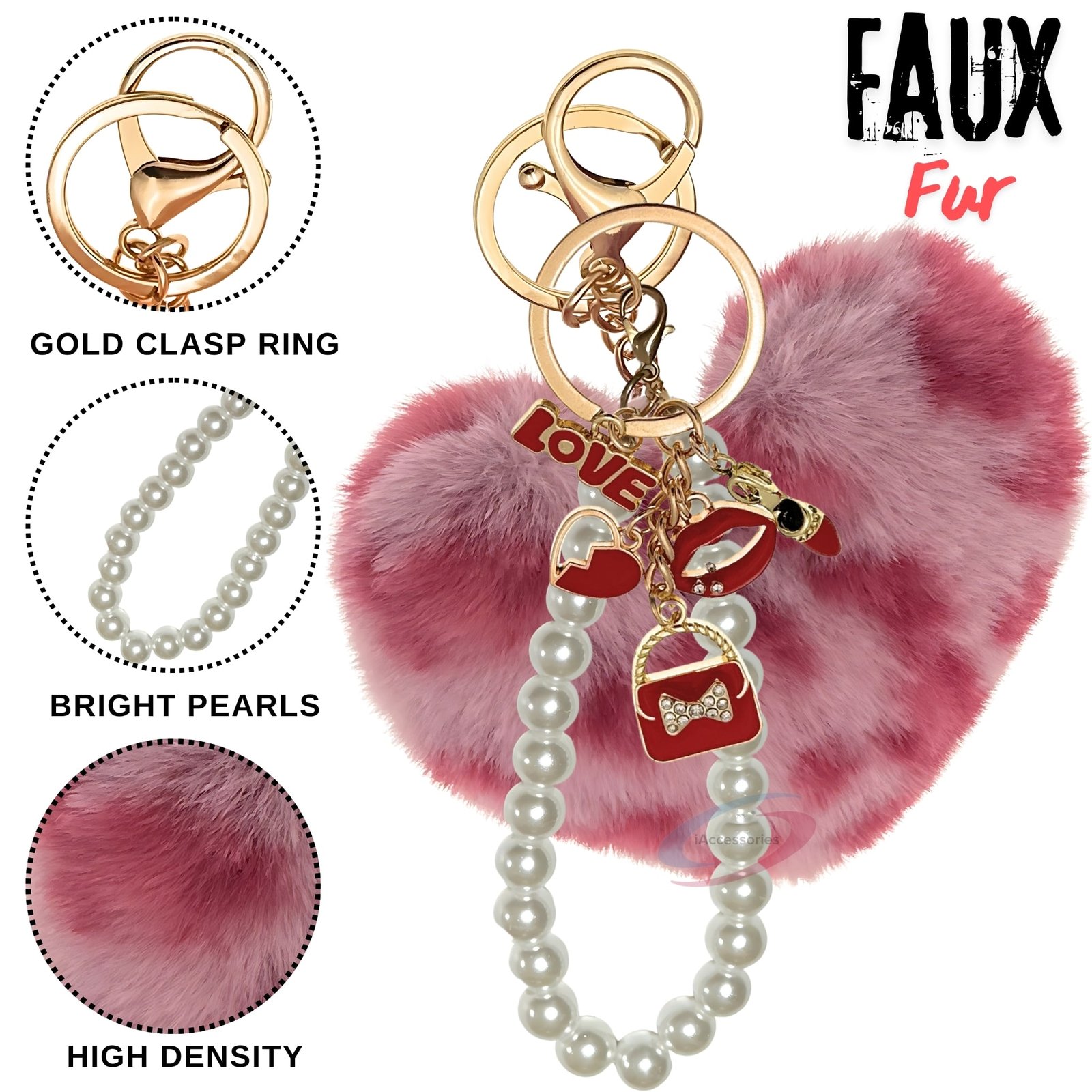 iAccessories Fluffy Faux Fur Pearl Fashion Pom Pom Heart Keychain Charm for Girls Bags, Wallets and Luggage (Rose Lepo)-3
