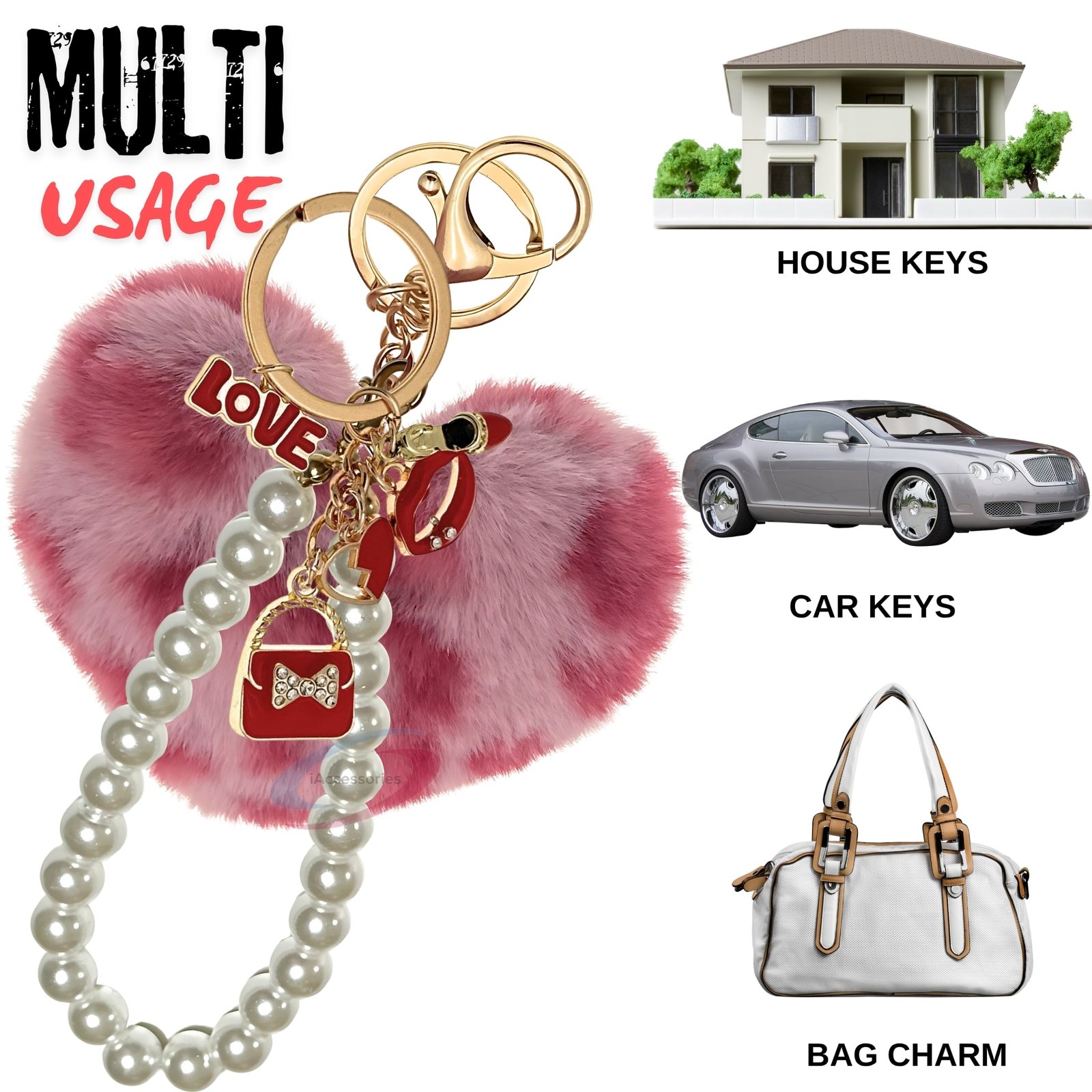 iAccessories Fluffy Faux Fur Pearl Fashion Pom Pom Heart Keychain Charm for Girls Bags, Wallets and Luggage (Rose Lepo)-5