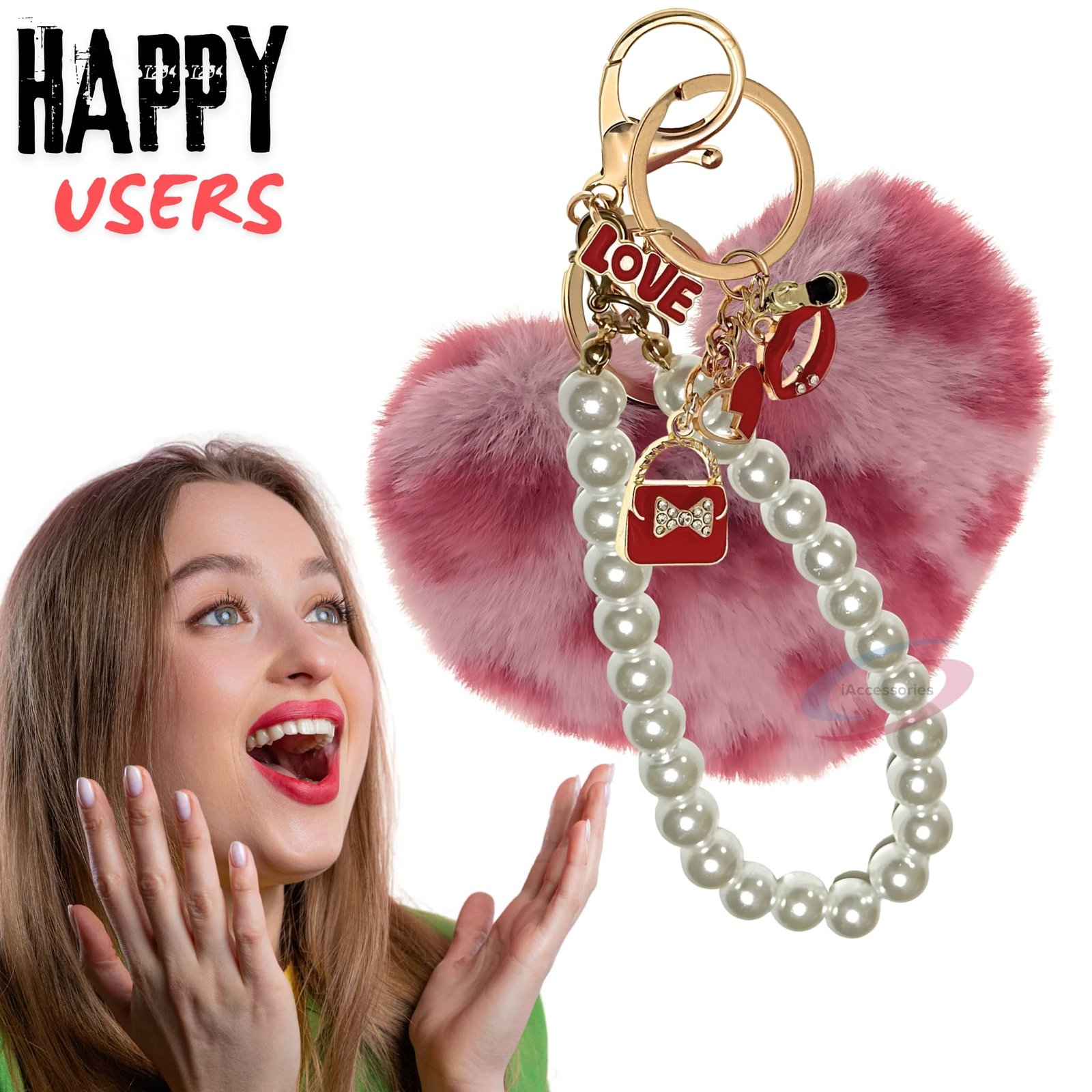 iAccessories Fluffy Faux Fur Pearl Fashion Pom Pom Heart Keychain Charm for Girls Bags, Wallets and Luggage (Rose Lepo)-7