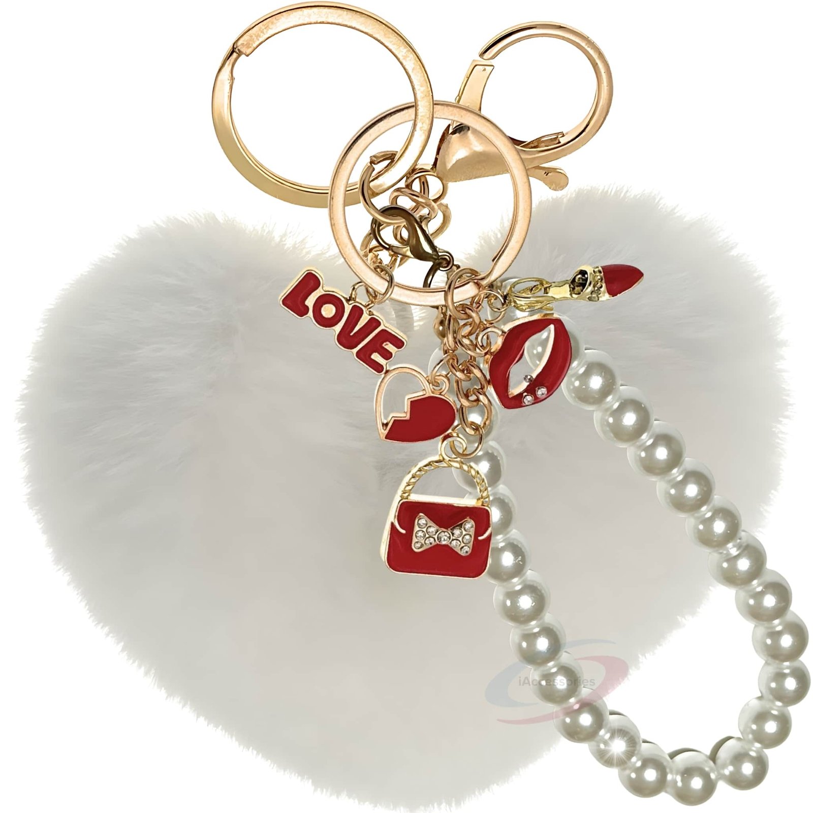 iAccessories Fluffy Faux Fur Pearl Fashion Pom Pom Heart Keychain Charm for Girls Bags, Wallets and Luggage (White)-1