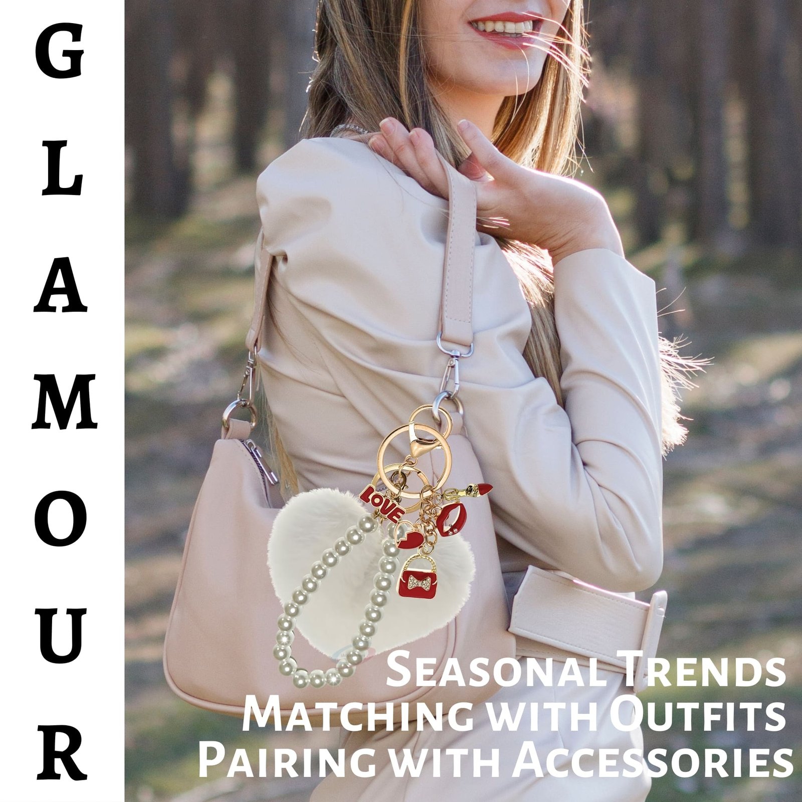 iAccessories Fluffy Faux Fur Pearl Fashion Pom Pom Heart Keychain Charm for Girls Bags, Wallets and Luggage (White)-2