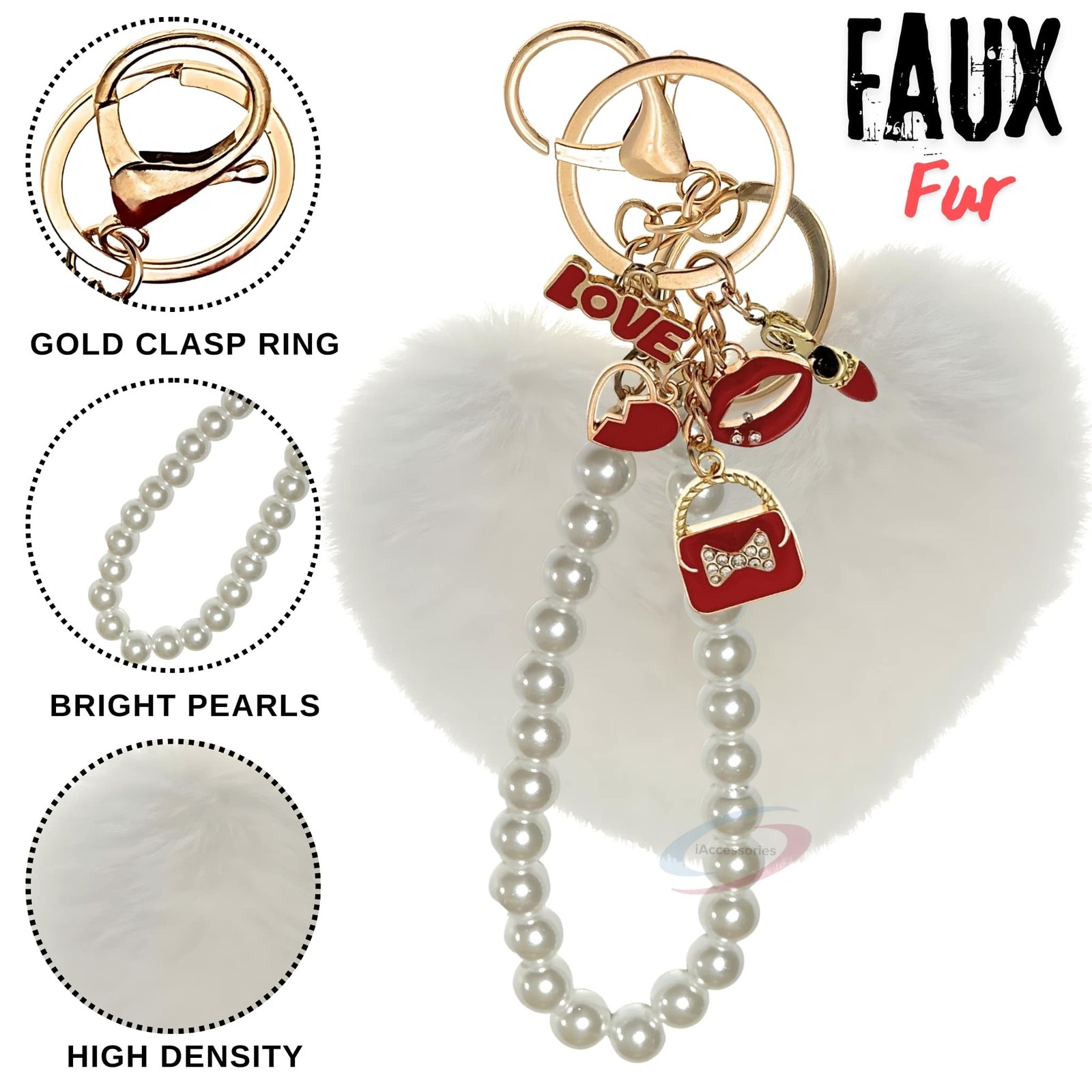 iAccessories Fluffy Faux Fur Pearl Fashion Pom Pom Heart Keychain Charm for Girls Bags, Wallets and Luggage (White)-3
