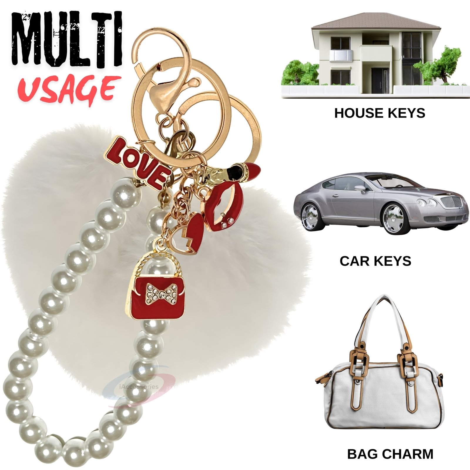 iAccessories Fluffy Faux Fur Pearl Fashion Pom Pom Heart Keychain Charm for Girls Bags, Wallets and Luggage (White)-5