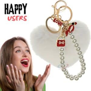 iAccessories White Faux Fur Pom Pom Heart Keychain with Pearl – Cute Bag & Wallet Charm for Girls