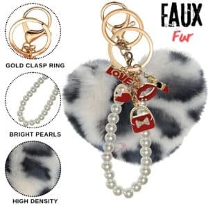 White Black Leopard Heart Pom Pom Keychain – iAccessories Faux Fur Pearl Bag Charm for Girls
