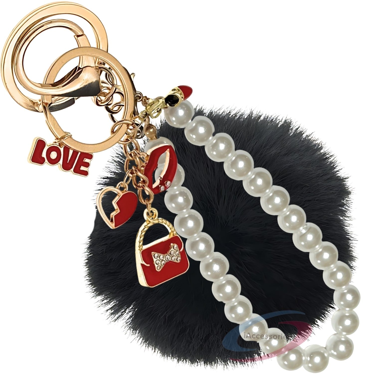 iAccessories Fluffy Faux Fur Pearl Fashion Pom Pom Keychain Charm for Girls Bags, Wallets and Luggage – Black-1