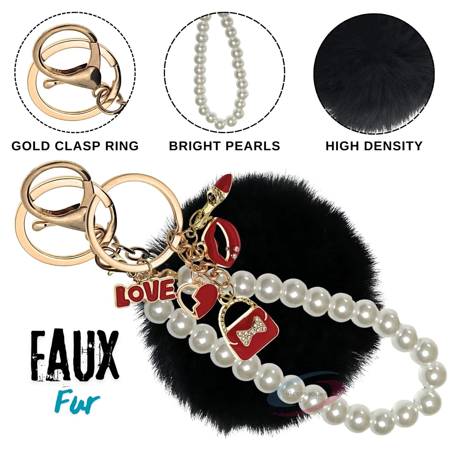 iAccessories Fluffy Faux Fur Pearl Fashion Pom Pom Keychain Charm for Girls Bags, Wallets and Luggage – Black-3