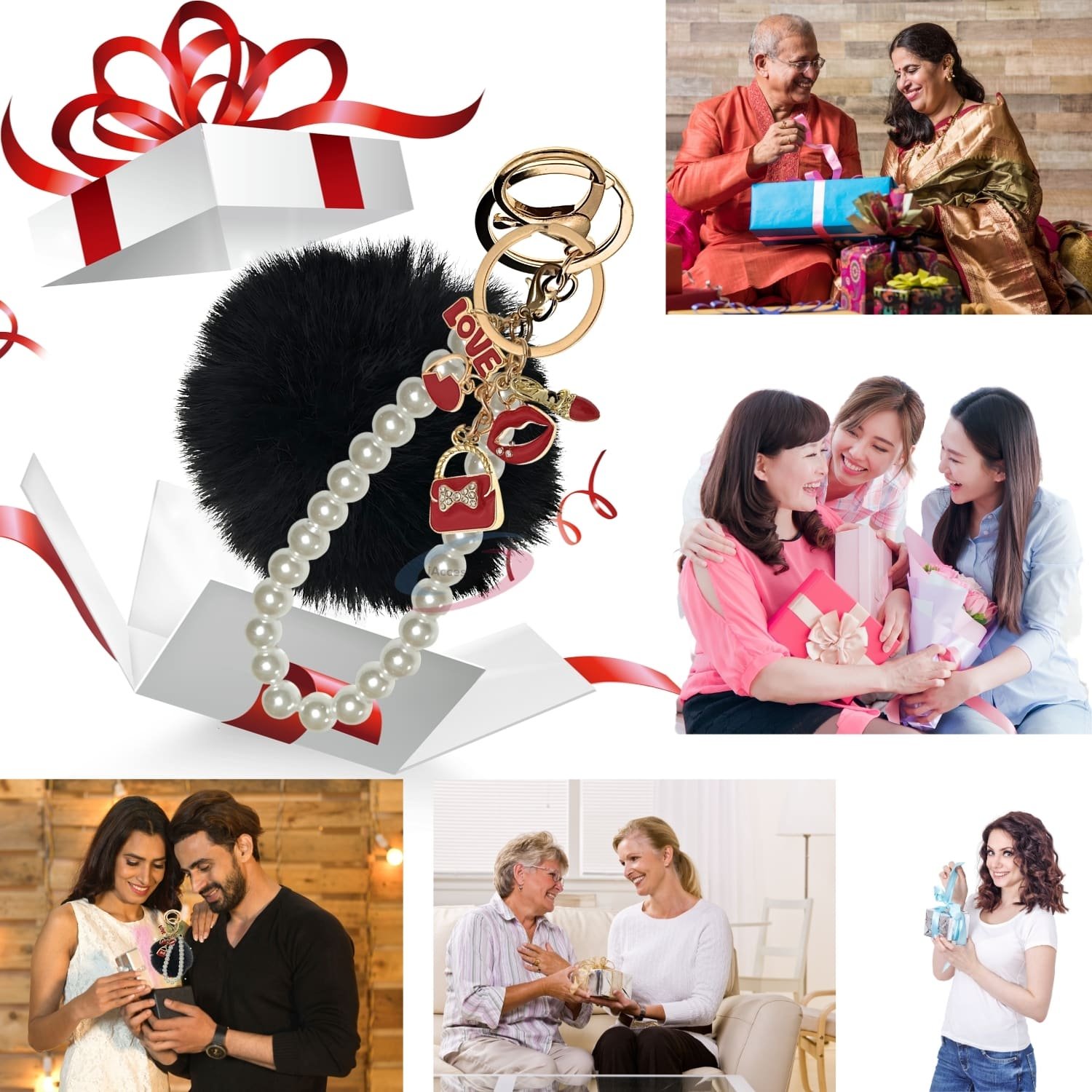 iAccessories Fluffy Faux Fur Pearl Fashion Pom Pom Keychain Charm for Girls Bags, Wallets and Luggage – Black-4