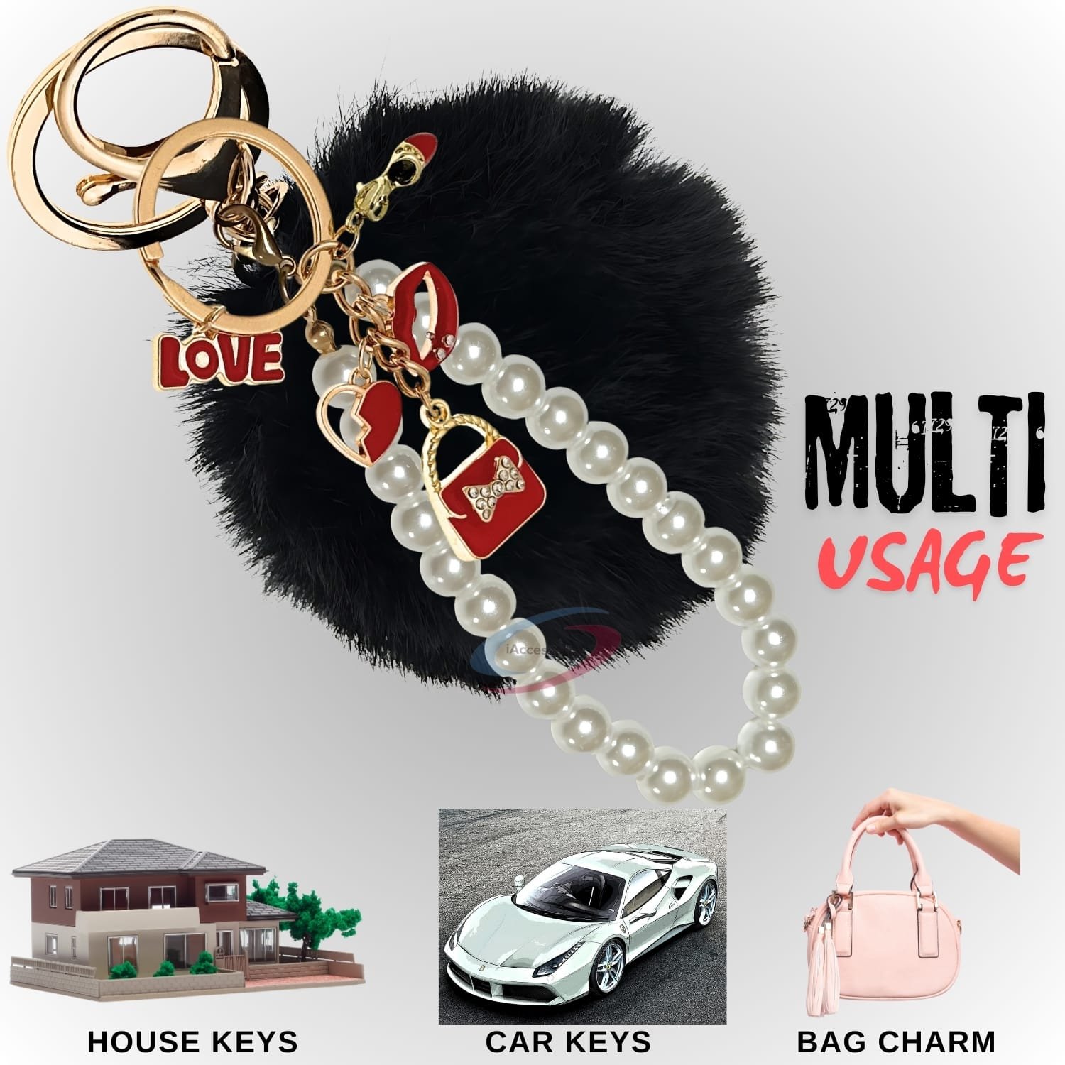 iAccessories Fluffy Faux Fur Pearl Fashion Pom Pom Keychain Charm for Girls Bags, Wallets and Luggage – Black-5