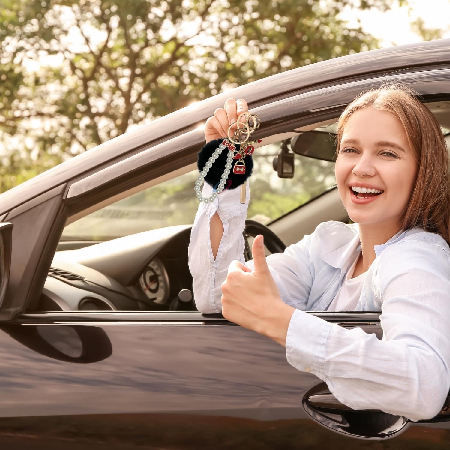 iAccessories Fluffy Faux Fur Pearl Fashion Pom Pom Keychain Charm for Girls Bags, Wallets and Luggage – Black-6