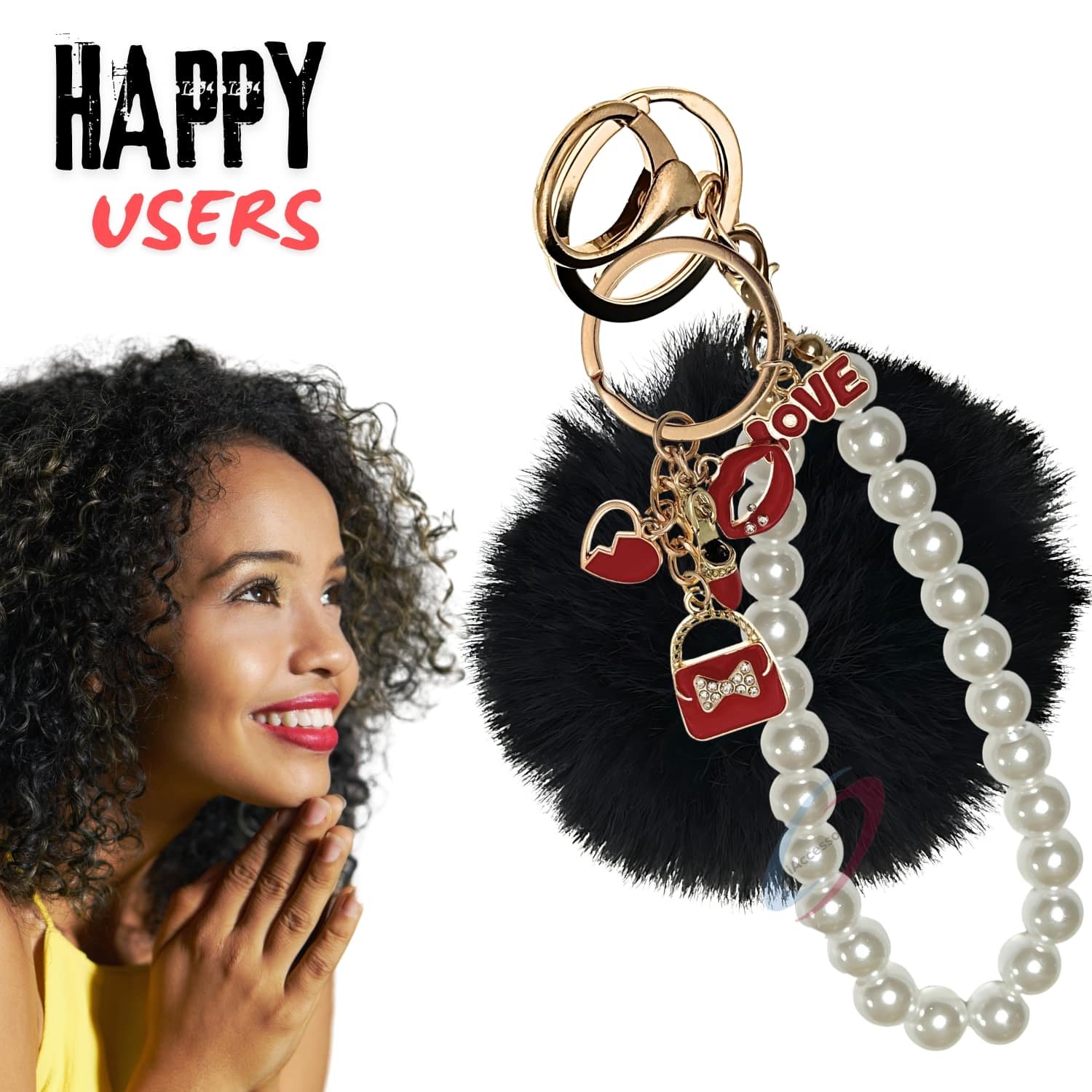 iAccessories Fluffy Faux Fur Pearl Fashion Pom Pom Keychain Charm for Girls Bags, Wallets and Luggage - Black-7