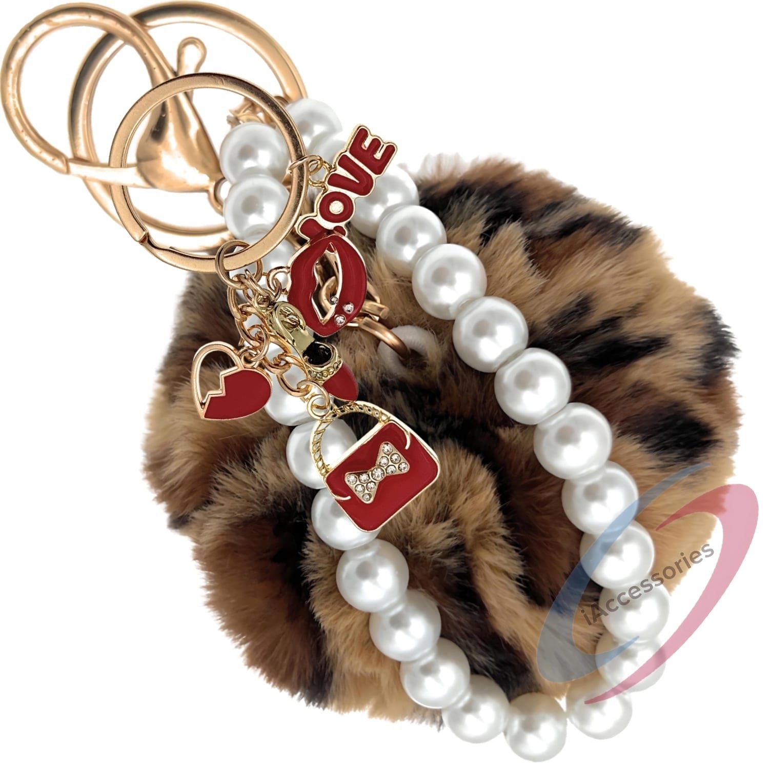 iAccessories Fluffy Faux Fur Pearl Fashion Pom Pom Keychain Charm for Girls Bags, Wallets and Luggage – Brown Lepo-1