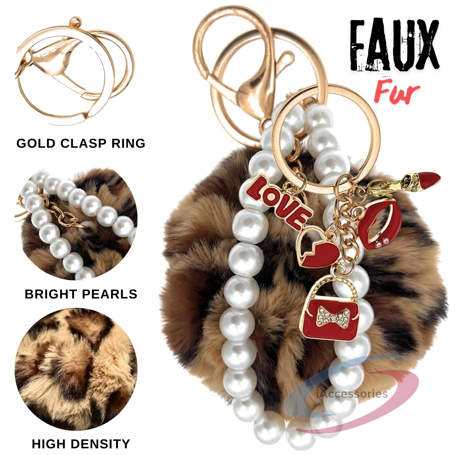 iAccessories Fluffy Faux Fur Pearl Fashion Pom Pom Keychain Charm for Girls Bags, Wallets and Luggage - Brown Lepo-3