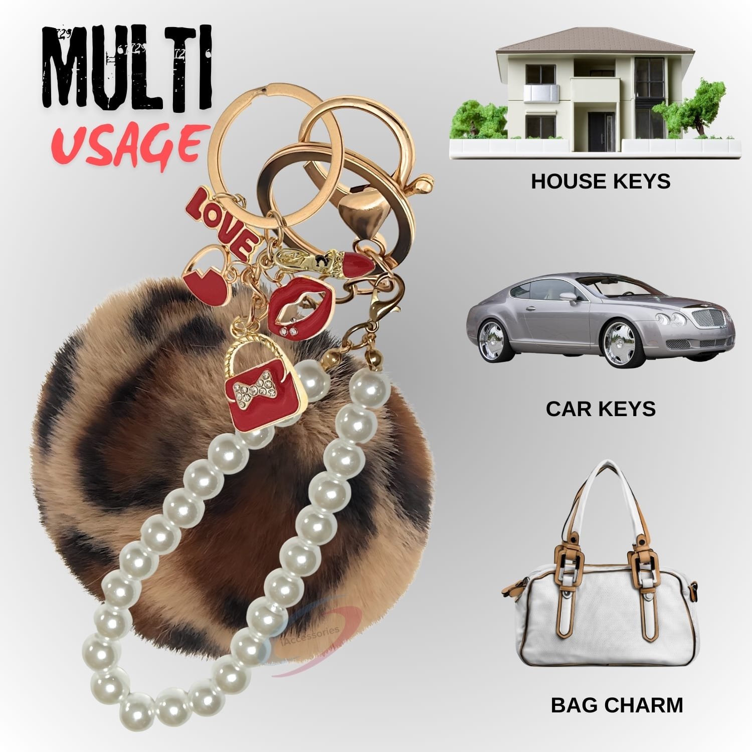 iAccessories Fluffy Faux Fur Pearl Fashion Pom Pom Keychain Charm for Girls Bags, Wallets and Luggage – Brown Lepo-5