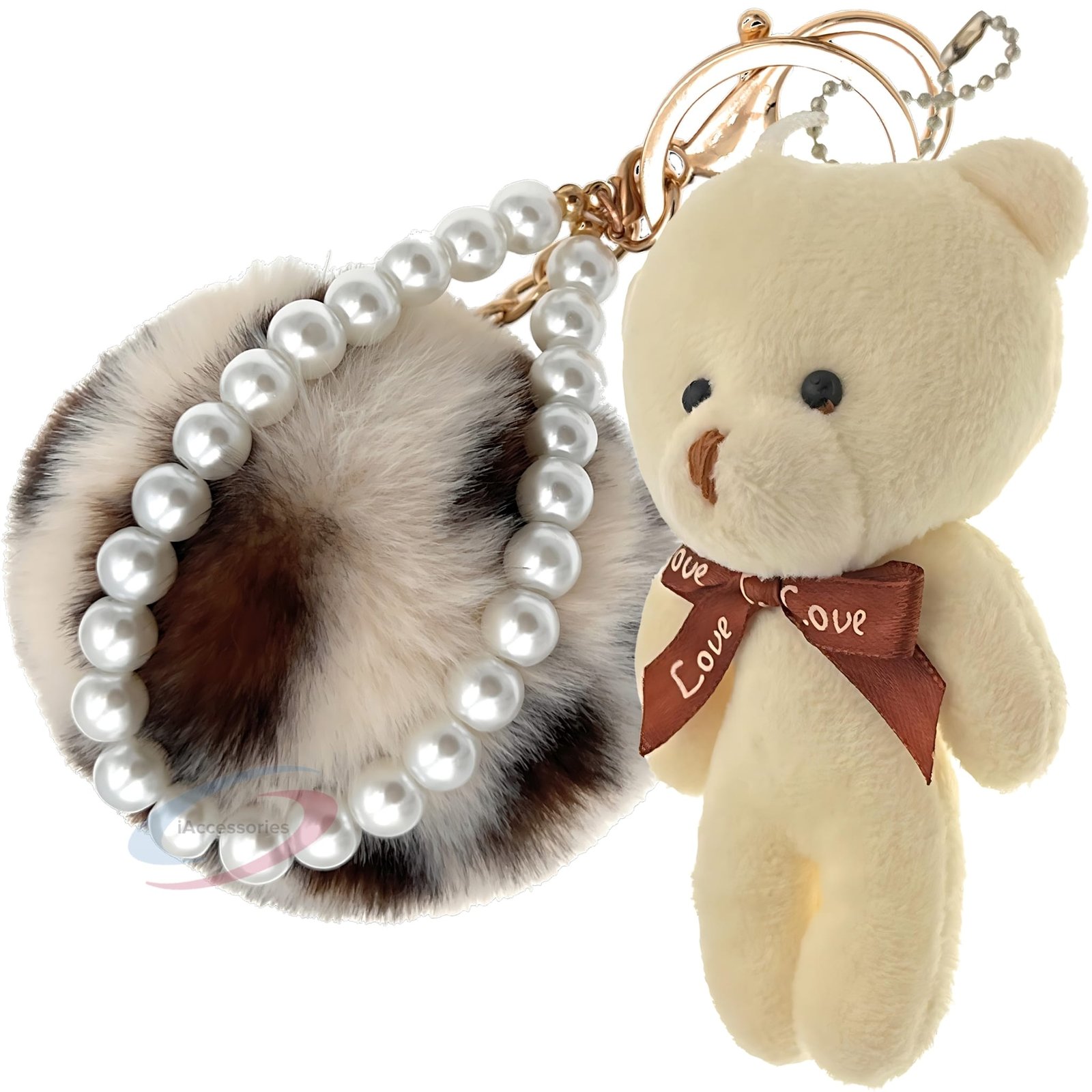 iAccessories Fluffy Faux Fur Pearl Fashion Pom Pom Keychain Charm for Girls Bags, Wallets and Luggage – Cream Lepo-1