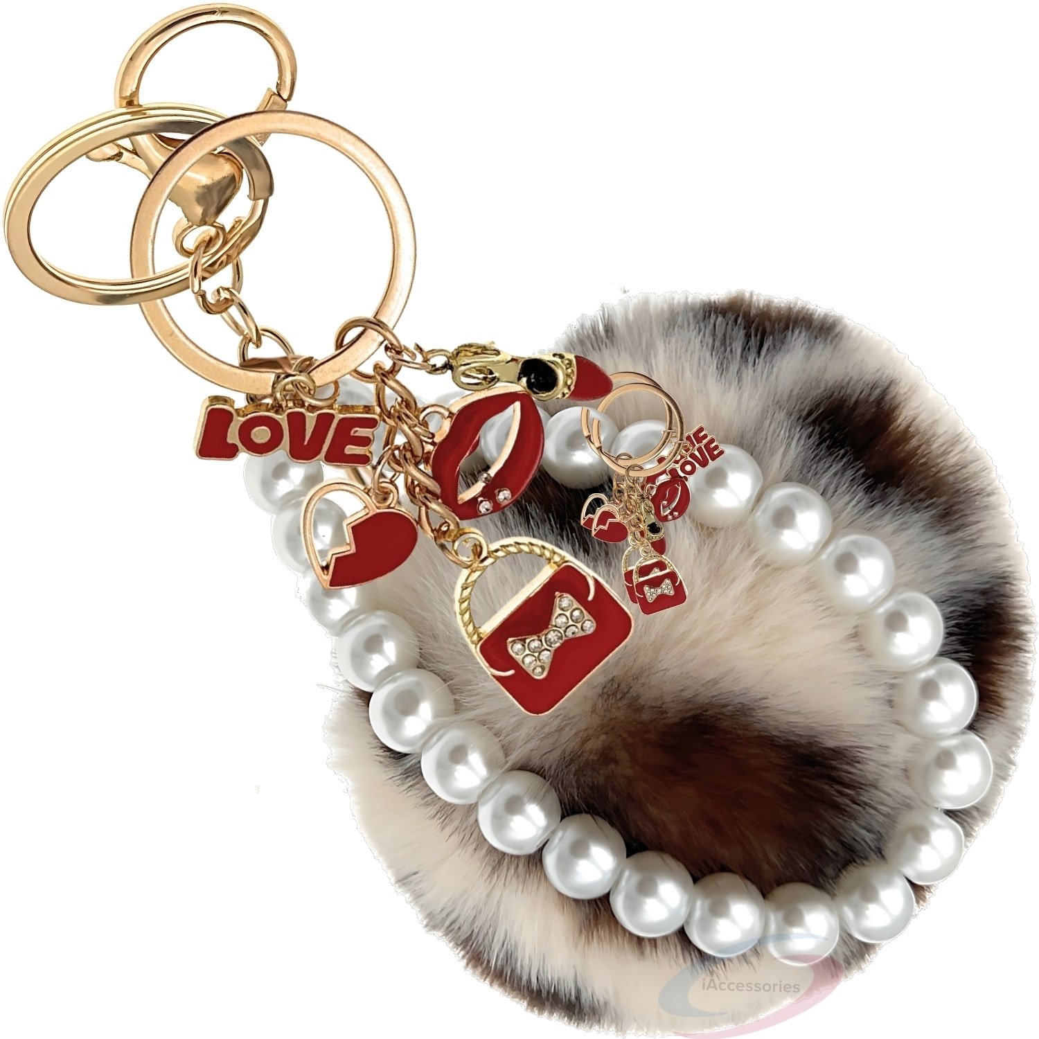 iAccessories Fluffy Faux Fur Pearl Fashion Pom Pom Keychain Charm for Girls Bags, Wallets and Luggage – Cream Lepo-1