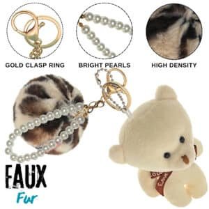 Cream Leopard Teddy Faux Fur Pom Pom Key Ring – Pearl Bag Charm for Girls | iAccessories