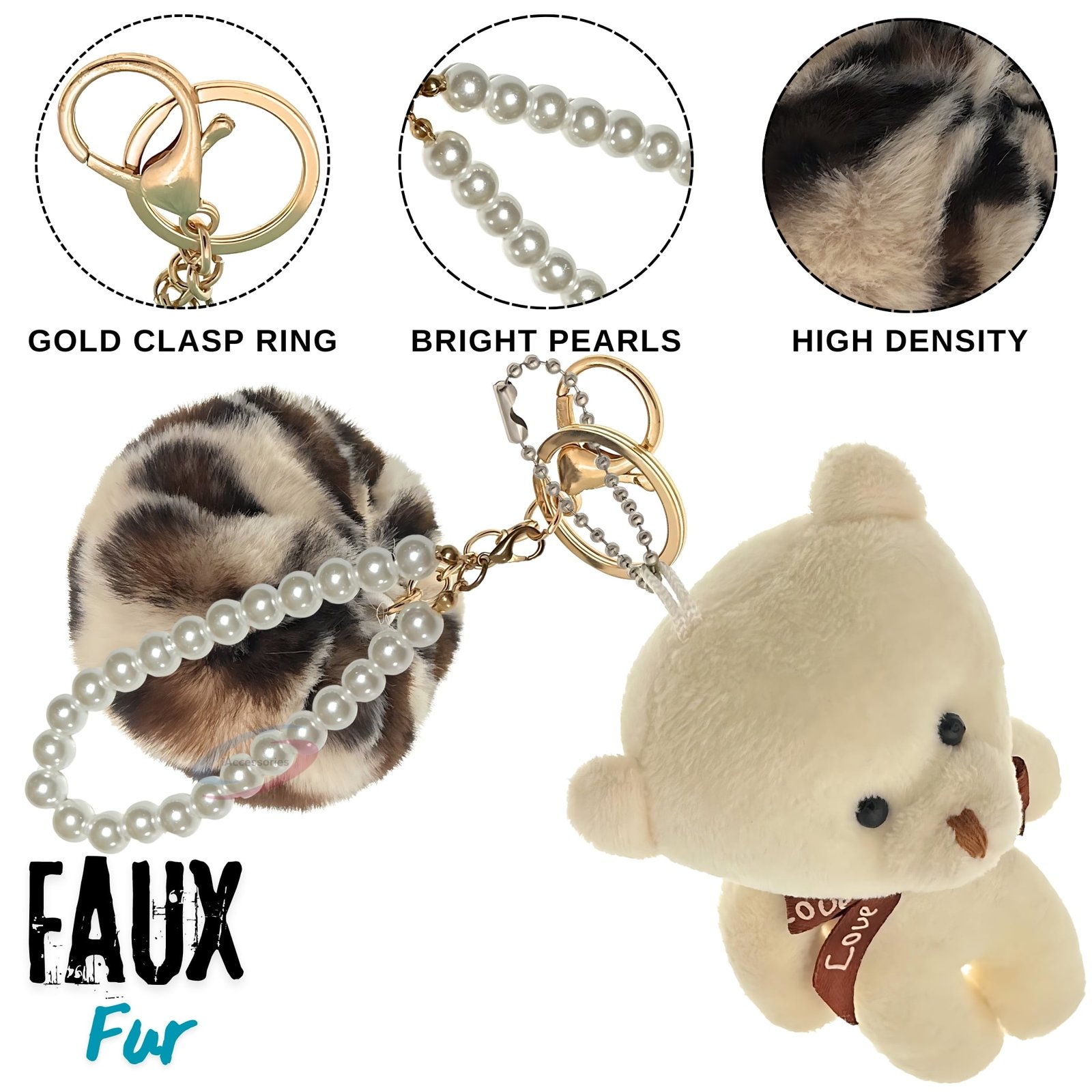iAccessories Fluffy Faux Fur Pearl Fashion Pom Pom Keychain Charm for Girls Bags, Wallets and Luggage - Cream Lepo-3