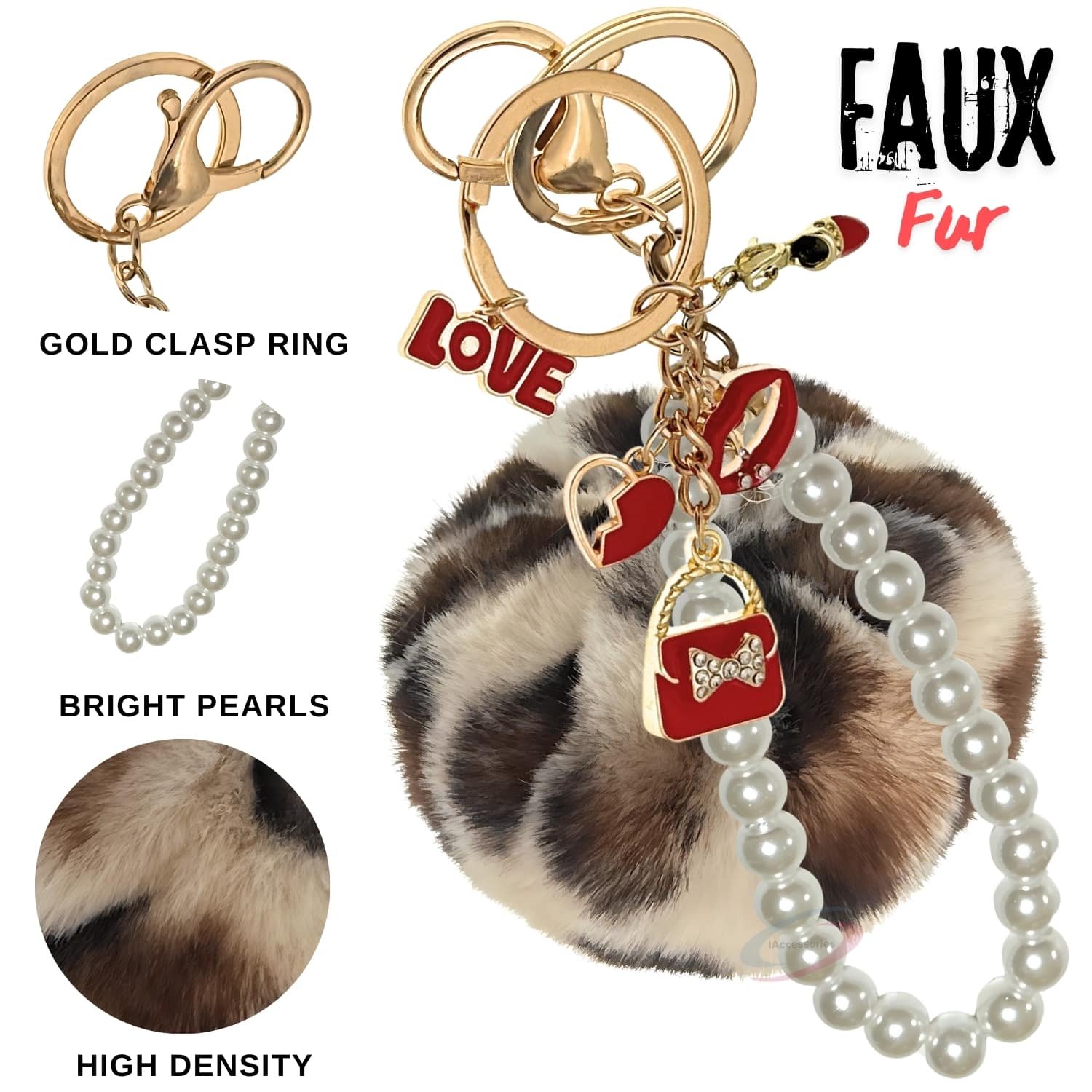 iAccessories Fluffy Faux Fur Pearl Fashion Pom Pom Keychain Charm for Girls Bags, Wallets and Luggage - Cream Lepo-3