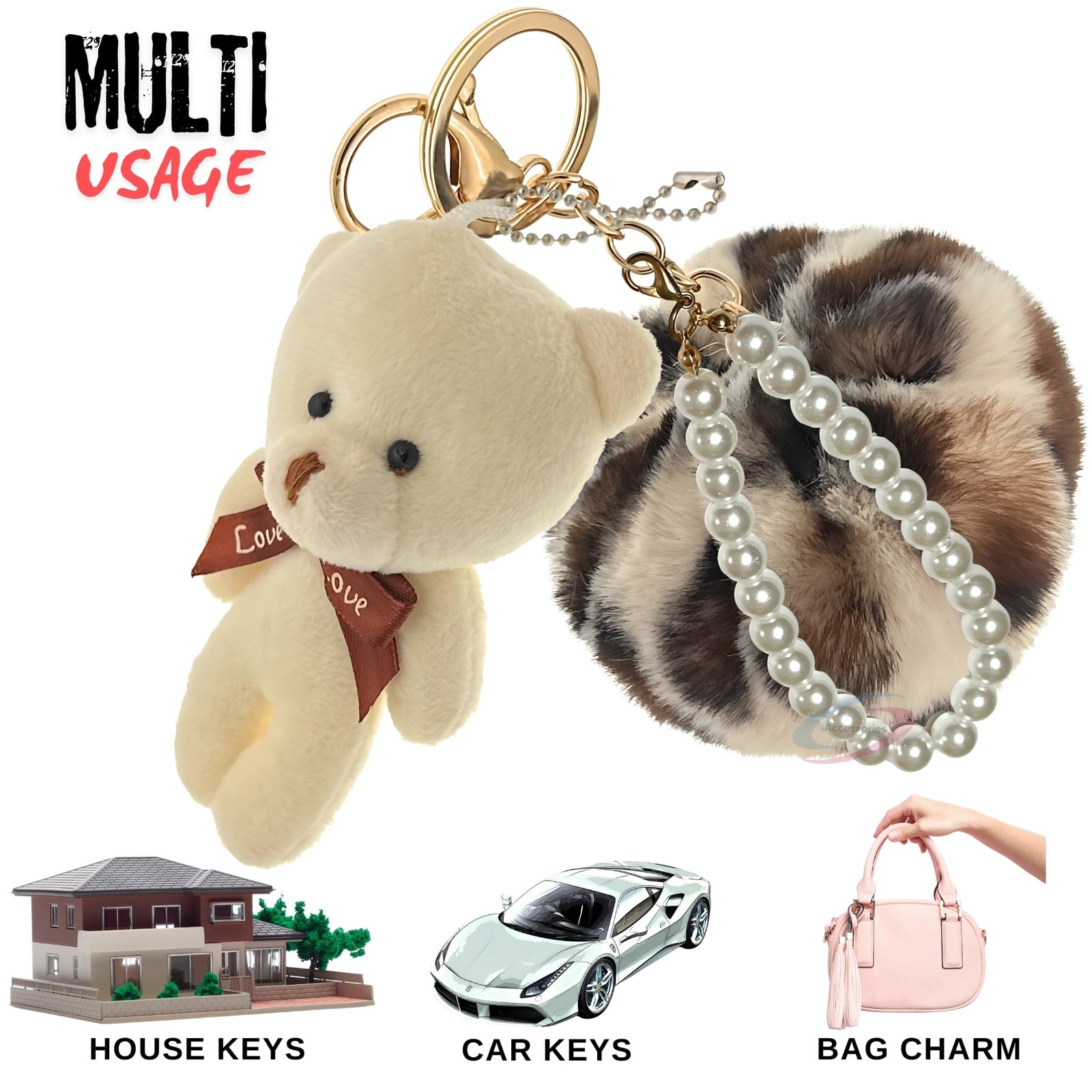 iAccessories Fluffy Faux Fur Pearl Fashion Pom Pom Keychain Charm for Girls Bags, Wallets and Luggage – Cream Lepo-5