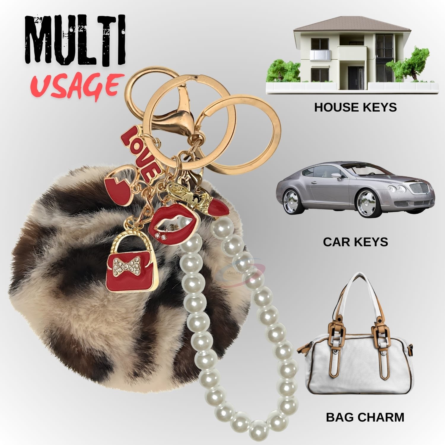 iAccessories Fluffy Faux Fur Pearl Fashion Pom Pom Keychain Charm for Girls Bags, Wallets and Luggage – Cream Lepo-5