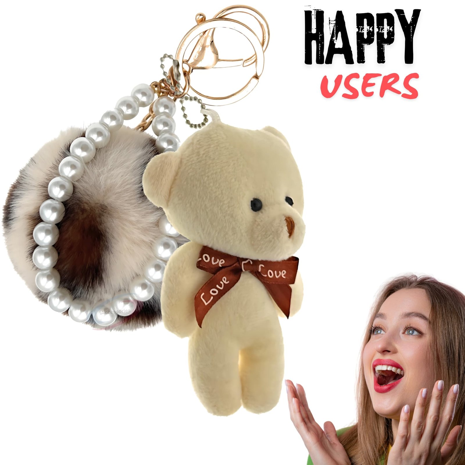 iAccessories Fluffy Faux Fur Pearl Fashion Pom Pom Keychain Charm for Girls Bags, Wallets and Luggage – Cream Lepo-7